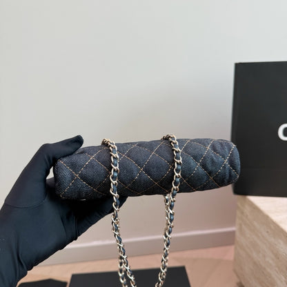 Chanel Clutch With Strap Gold Metal Denim Blue 20cm