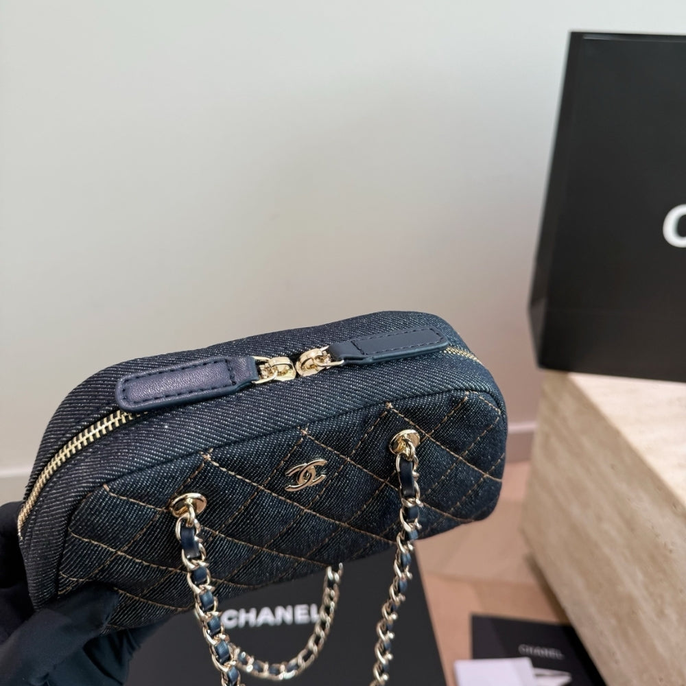 Chanel Clutch With Strap Gold Metal Denim Blue 20cm