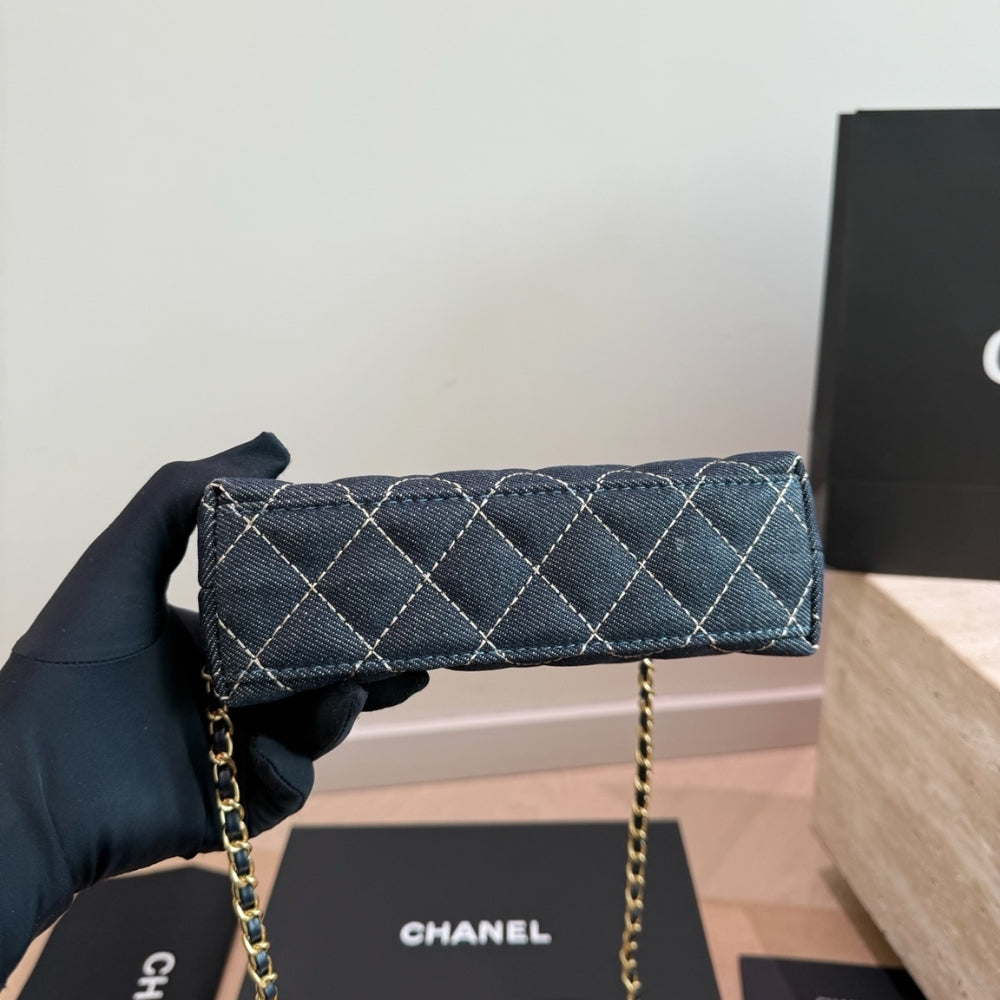 Chanel Clutch With Strap Gold Metal Washed Denim Blue 19cm