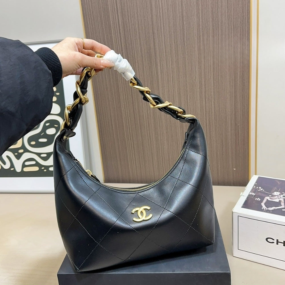 Chanel Hobo Handbag Shiny And Gold Tone Metal Black 24Cm