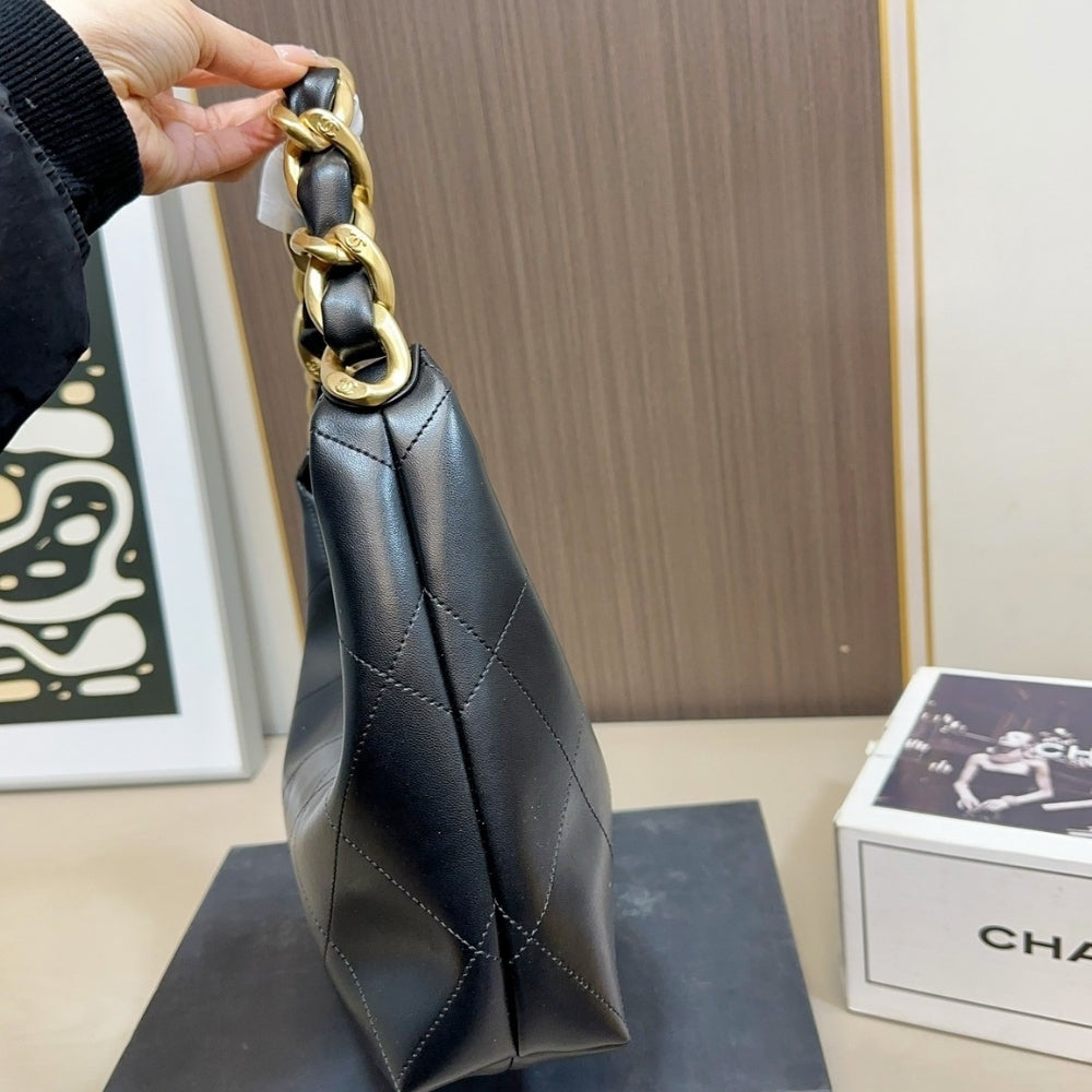 Chanel Hobo Handbag Shiny And Gold Tone Metal Black 24Cm