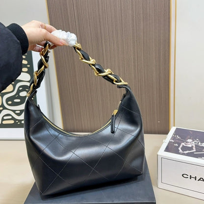Chanel Hobo Handbag Shiny And Gold Tone Metal Black 24Cm