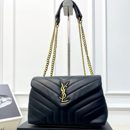 Saint Laurent Loulou Medium Chain Bag In Matelassé Y  Black Gold 26Cm