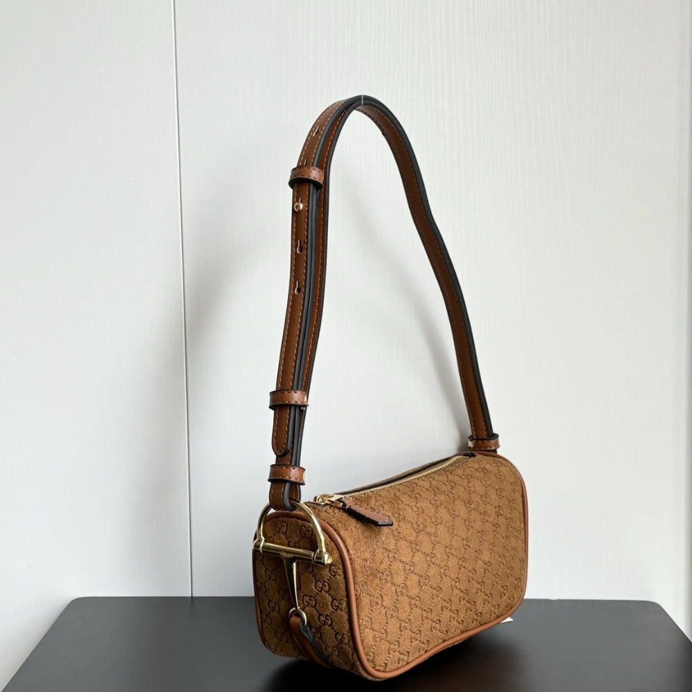 Gucci Half Horsebit Mini Bag Brown GG Suede 19Cm