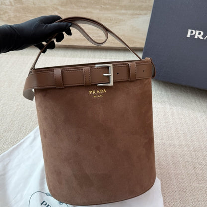 Prada Suede Buckle Bucket Bag With Belt Brown 28Cm