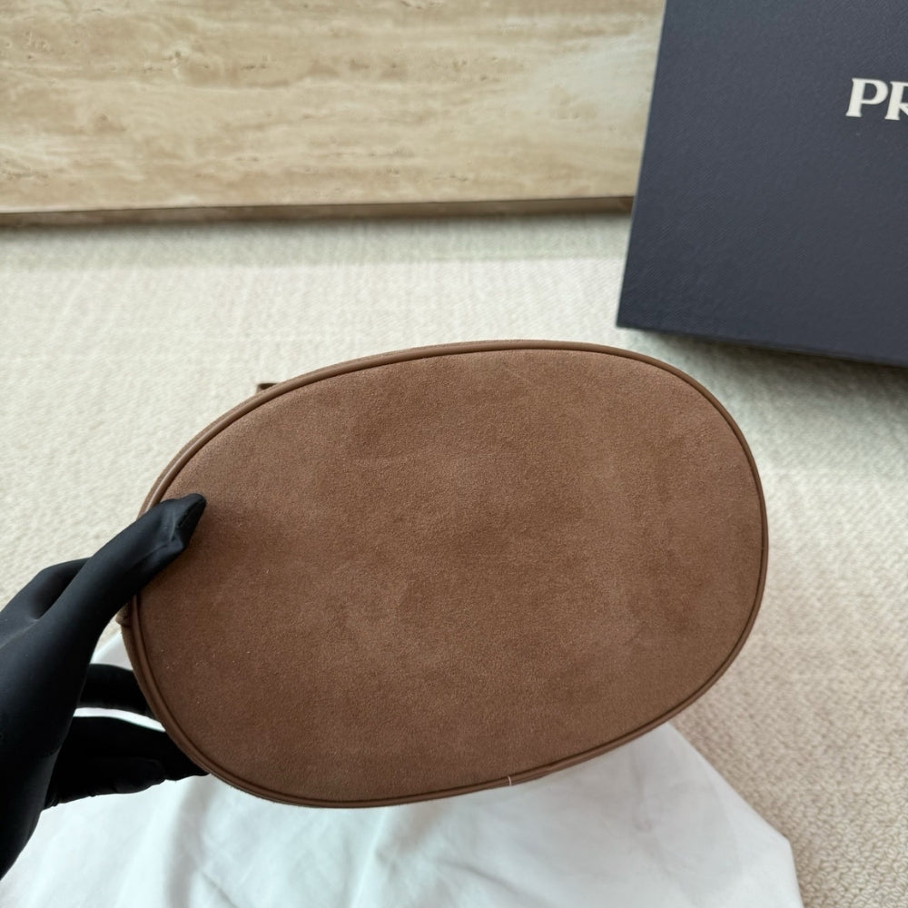 Prada Suede Buckle Bucket Bag With Belt Brown 28Cm