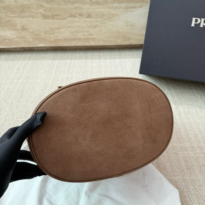 Prada Suede Buckle Bucket Bag With Belt Brown 28Cm