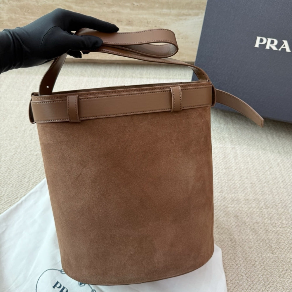Prada Suede Buckle Bucket Bag With Belt Brown 28Cm