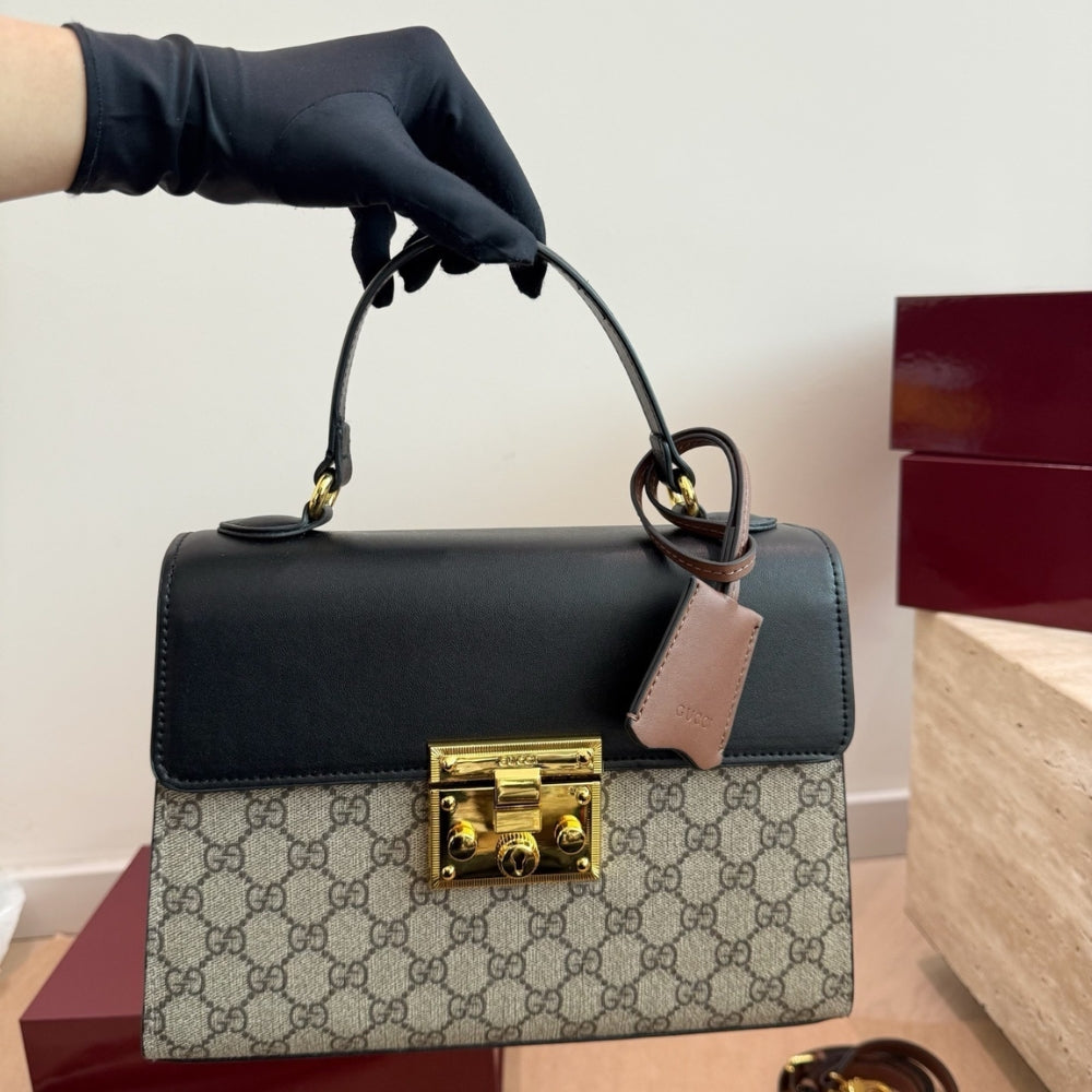 Gucci Padlock GG Supreme Top Handle Bag Black And Beige 28Cm 453188 KLQJG 9785