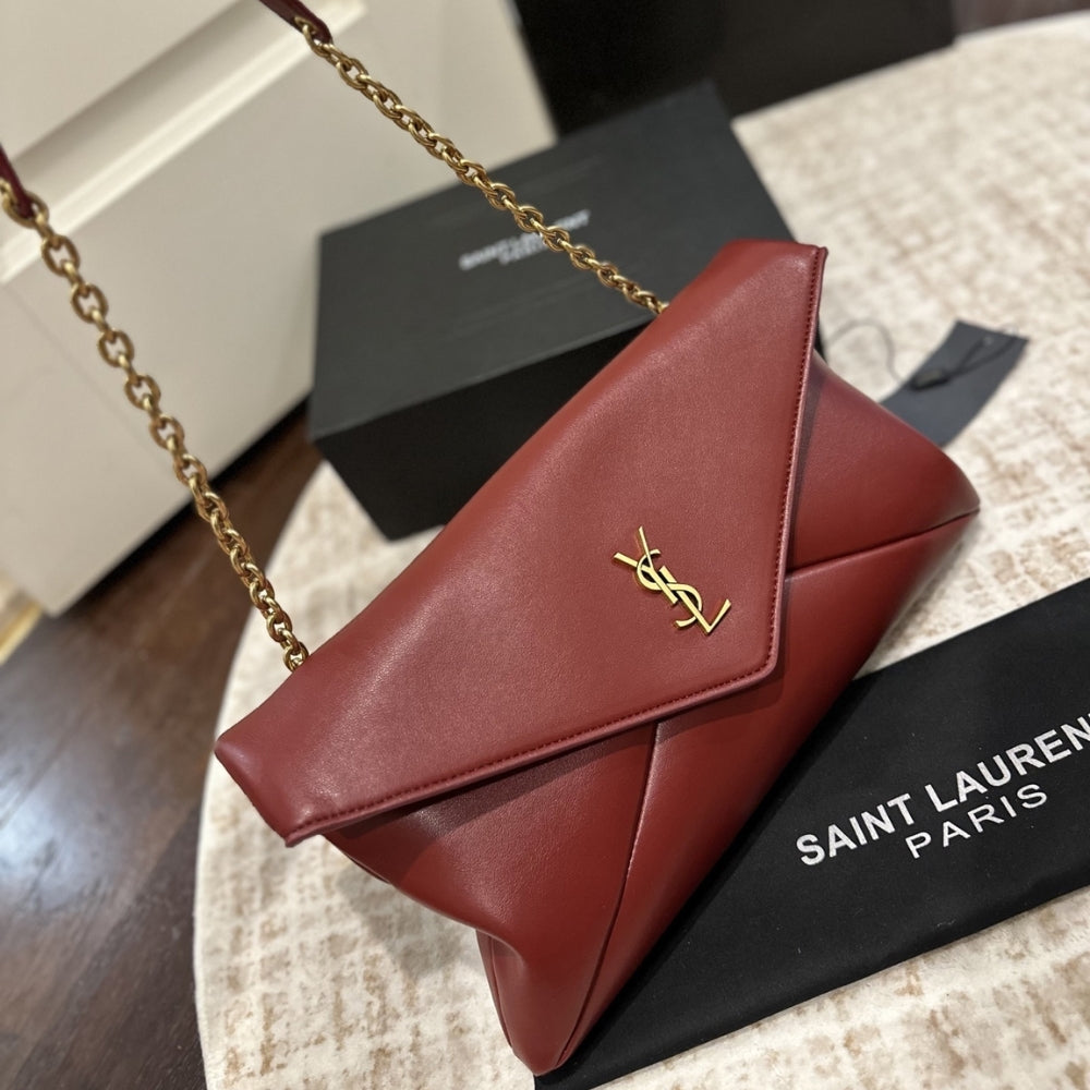 Saint Laurent Cassandre XXL Pouch On Chain In Shiny  Red 35Cm
