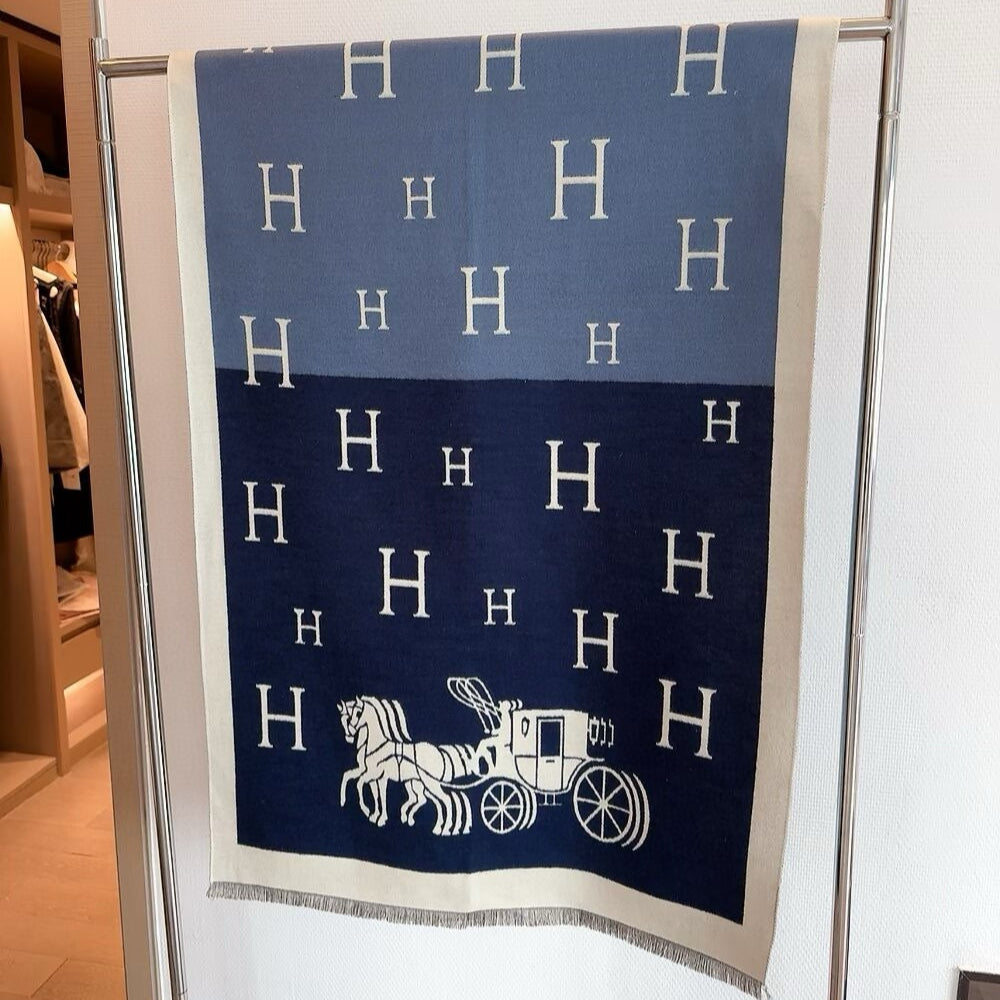 Hermes Equipage Equestrian Horse H Scarf Blue 180Cm