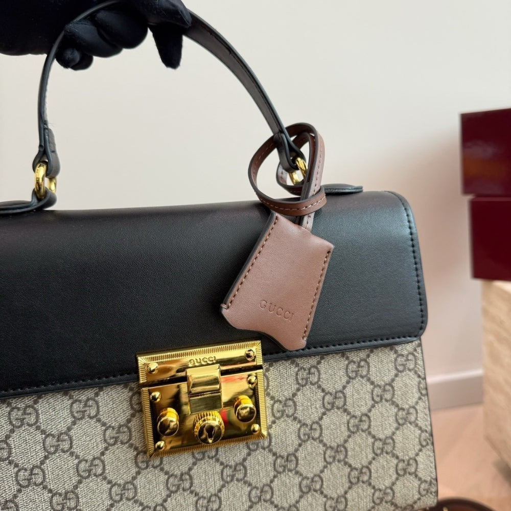 Gucci Padlock GG Supreme Top Handle Bag Black And Beige 28Cm 453188 KLQJG 9785