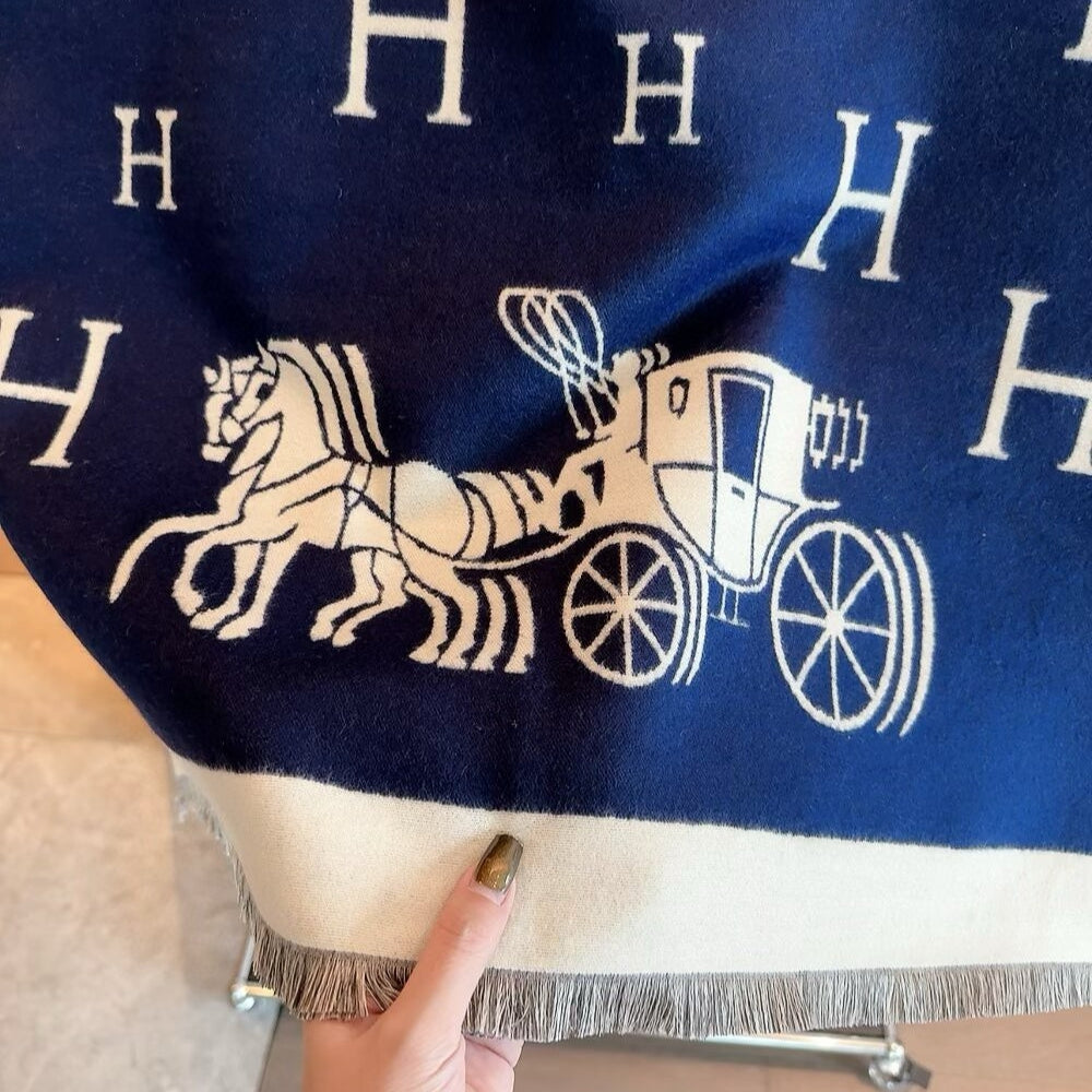 Hermes Equipage Equestrian Horse H Scarf Blue 180Cm