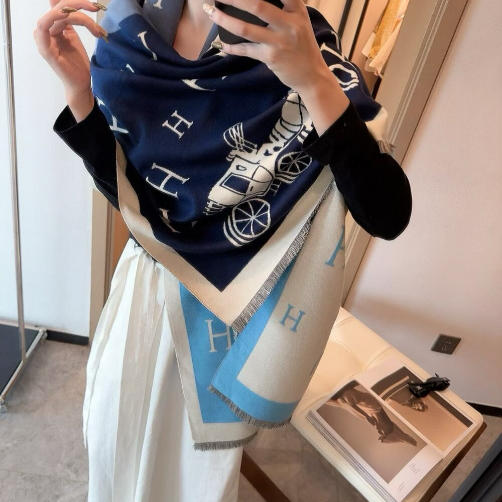 Hermes Equipage Equestrian Horse H Scarf Blue 180Cm