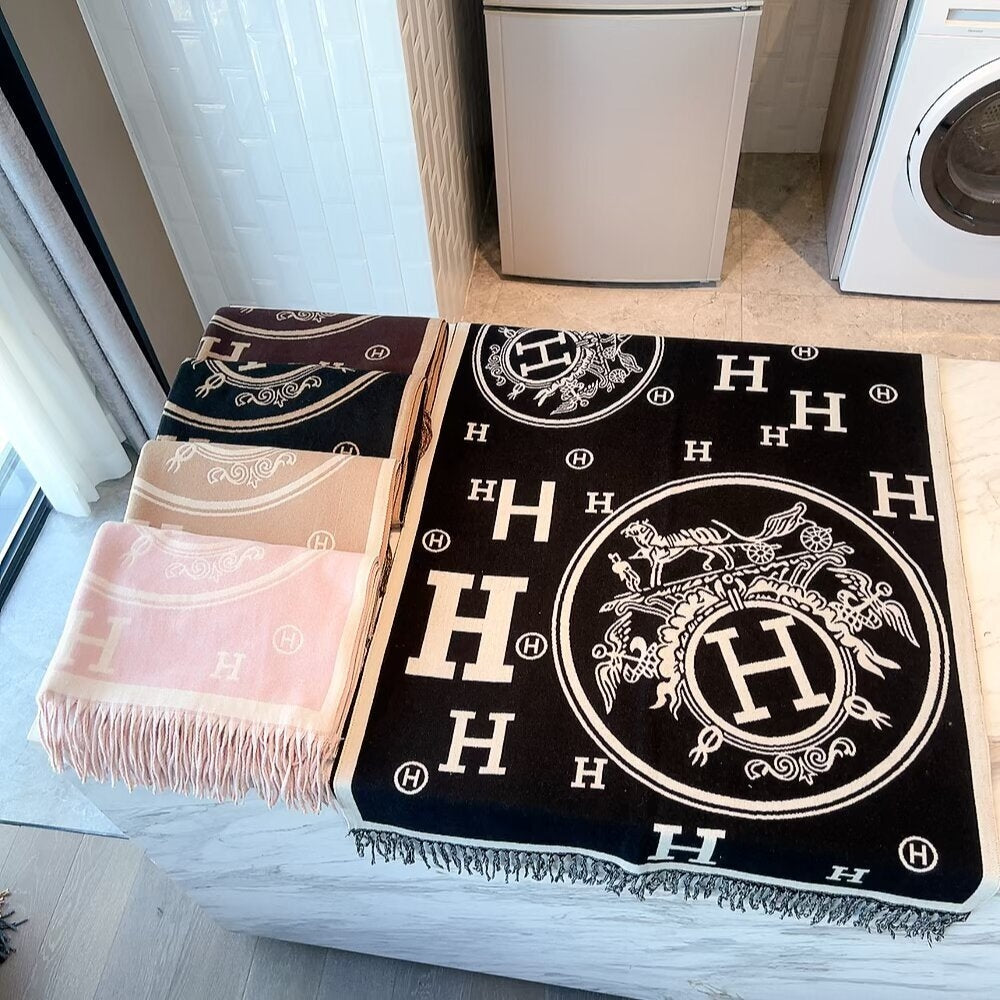Hermes Muffler H Logo Wool Shawl Brown 180Cm