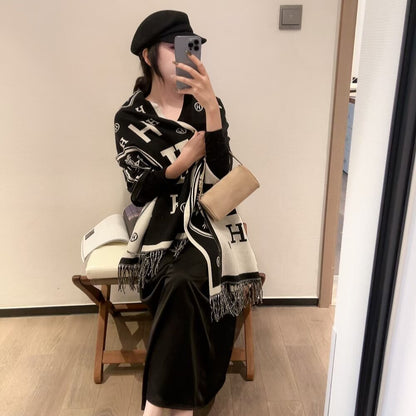 Hermes Muffler H Logo Wool Shawl Black 180Cm