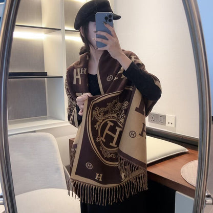 Hermes Muffler H Logo Wool Shawl Brown 180Cm