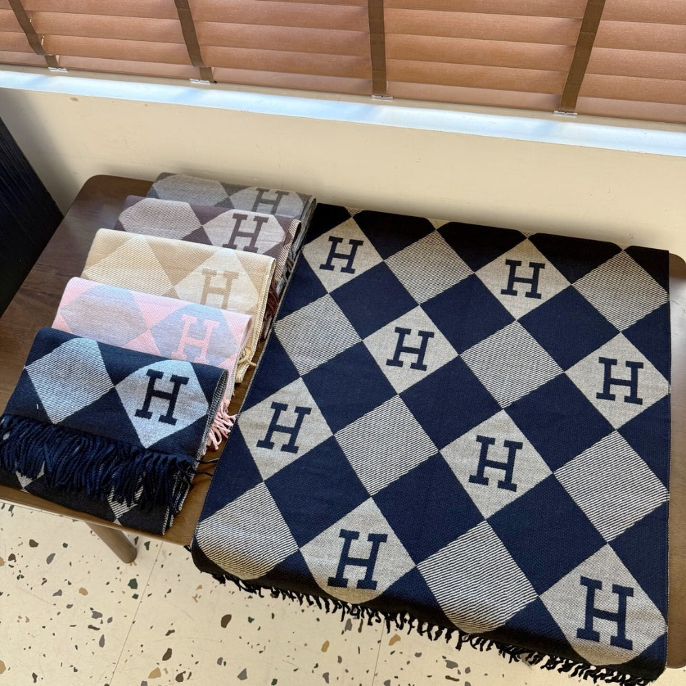 Hermès Diamond H Logo Wool Shawl Gray 180Cm