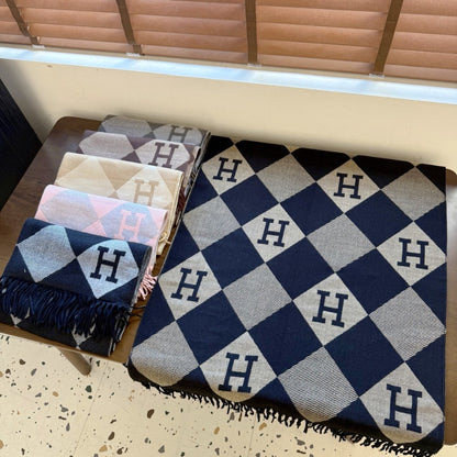 Hermès Diamond H Logo Wool Shawl Dark Navy Blue 180Cm