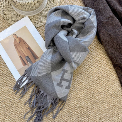 Hermès Diamond H Logo Wool Shawl Gray 180Cm