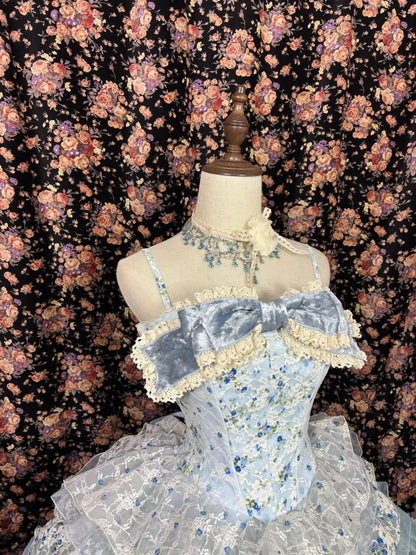 Blue floral sweet cute elegant long satin tulle ball gown evening dress gh4769