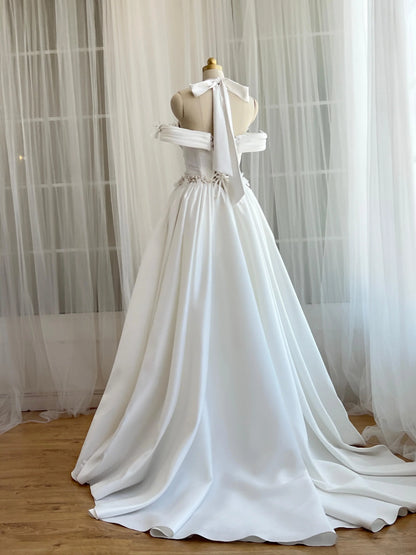 Elegant Ivory Halter Off-the-Shoulder Satin 3D Floral Beaded Corset Long Train A-Line Wedding Dress TP5906
