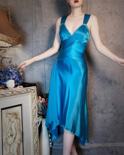 Vintage Blue V NecK Satin Mermaid Evening Dress Long Birthday Prom Gown