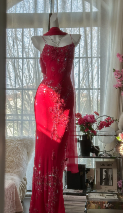 Pretty Red Spaghetti Straps Chiffon Beaded Mermaid Evening Dress Long Birthday Party Dress Prom Gown