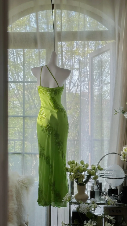 Vintage Evening Dresses, Green Spaghetti Straps Chiffon Beaded  Party Gowns Y8695