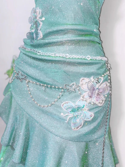 Fashion Mint Green Sparkling Sequin Spaghetti Strap Ruffled Hem Short 16th Birthday Party Dress Homecoming Dress TP4039