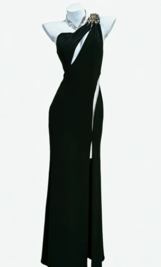 Sexy Black Satin Beaded Mermaid Slit Party Dress One Shoulder Long Wedding Guest Dress SP1574