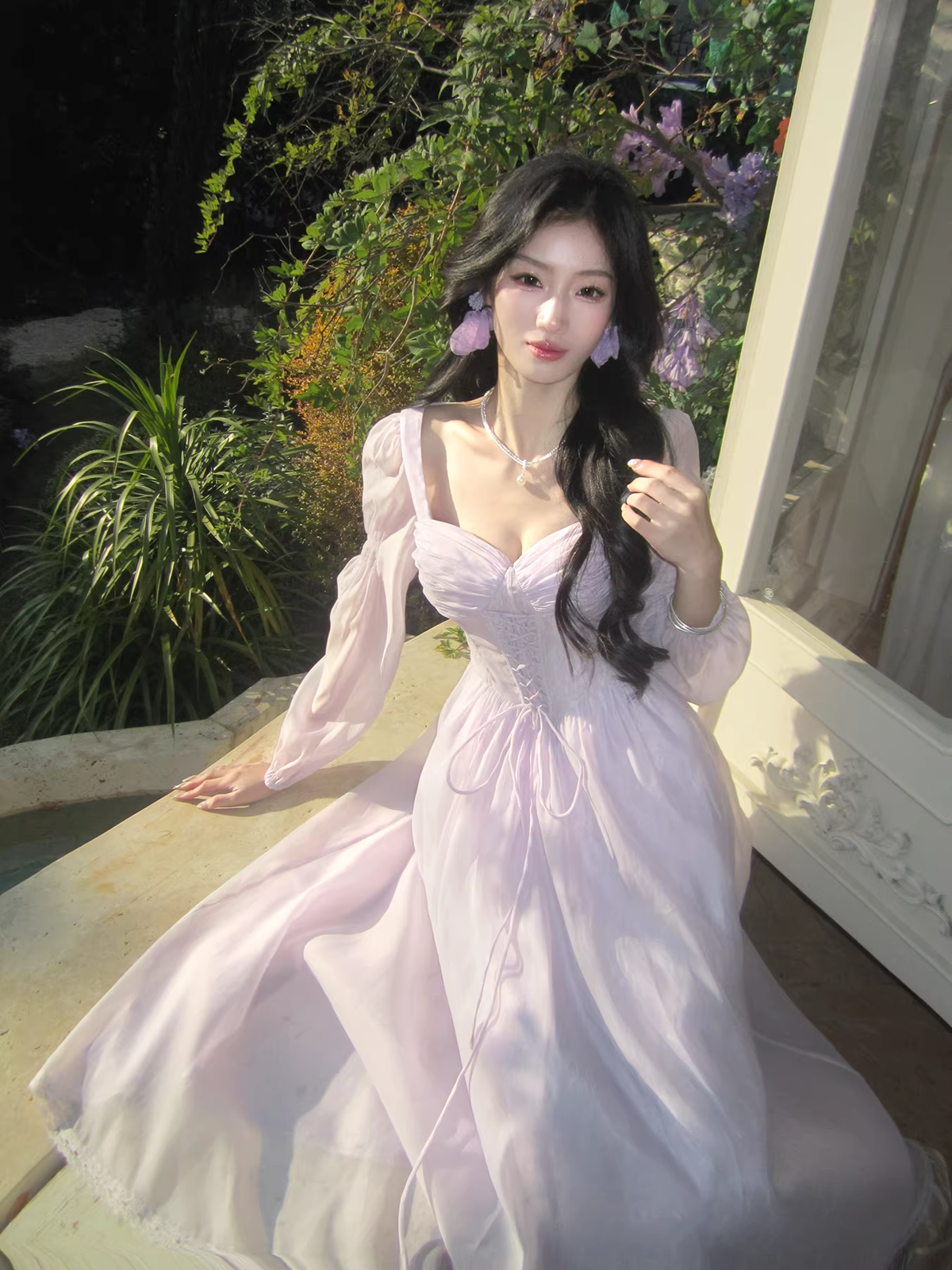 Sweet Lavender Tulle Lace A Line Long Party Dress Birthday Prom Dresses SP1500