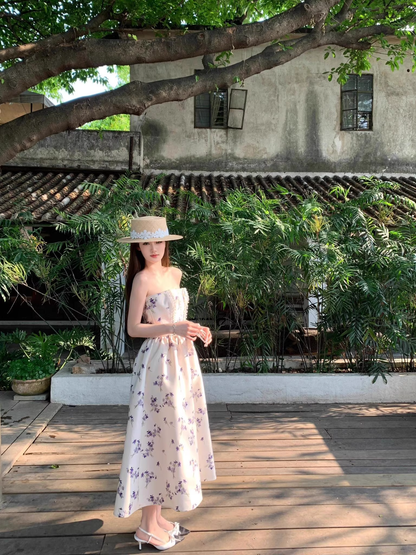 Sweet Strapless Off White Satin Print Floral A Line Long Evening Dress Birthday Dress SP2029