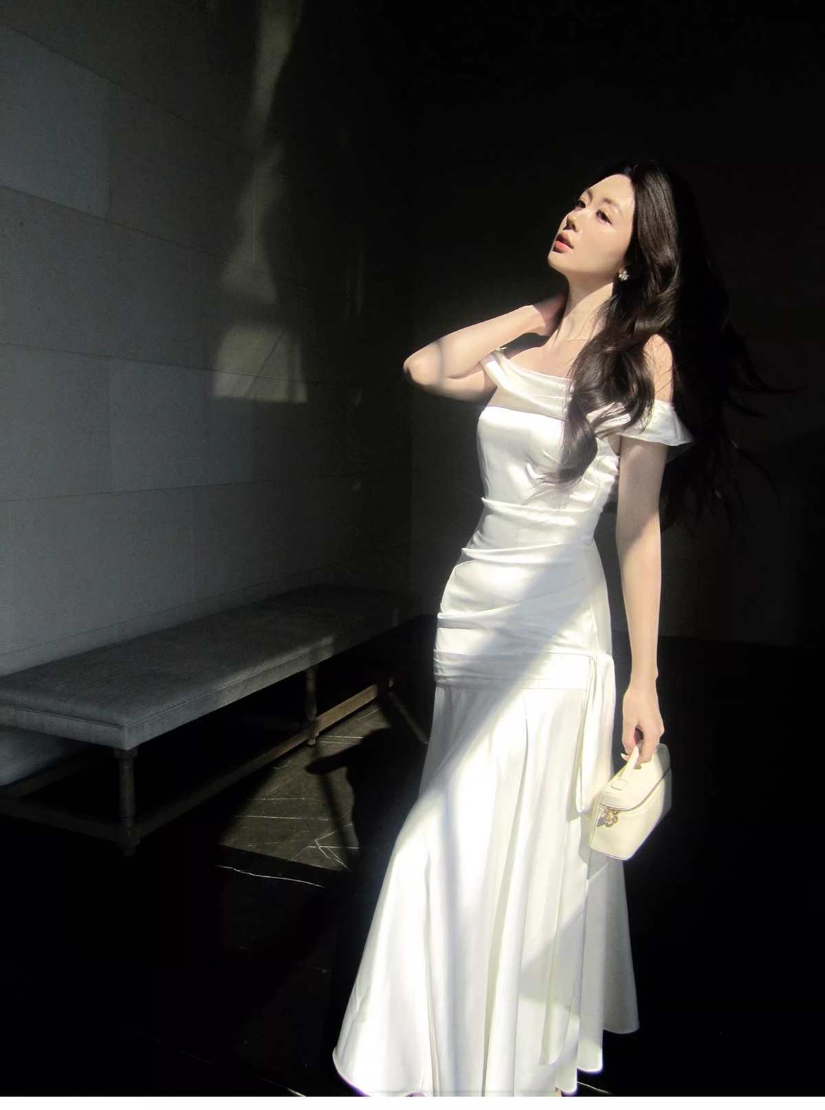 Charming Off The Shoulder White Satin Pleated Mermaid Long Evening Dress Birthday Dress SP1642
