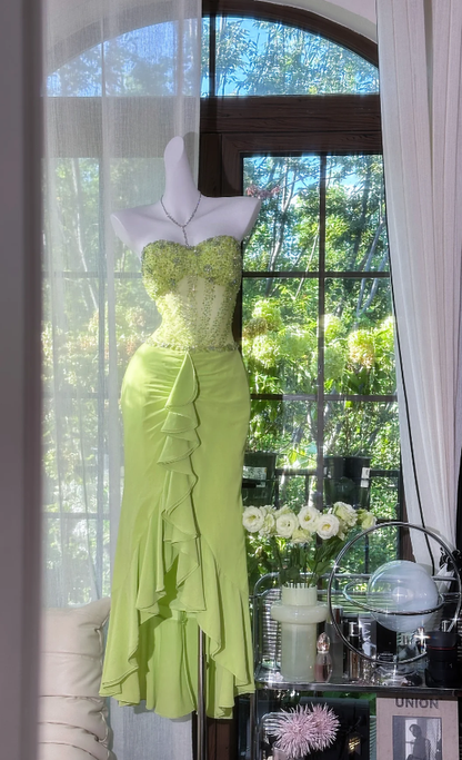 Classy Strapless Green Chiffon Beaded Ruffles Mermaid Evening Dress Long Wedding Guest Dress Party Gown