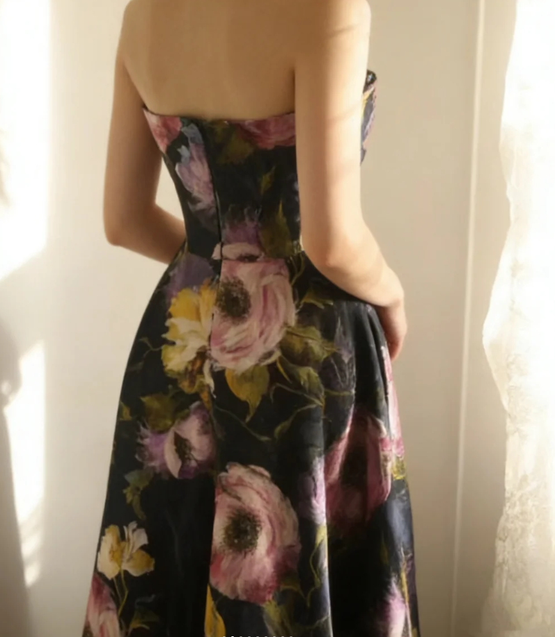 Pretty Strapless Satin Rose Print Floral Long Birthday Party Dress Evening Gown
