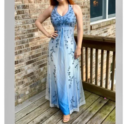 Vintage Ombre Halter Neck Floral Embroidery Chiffon Evening Gown TP5696