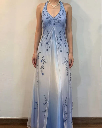 Vintage Ombre Halter Neck Floral Embroidery Chiffon Evening Gown TP5696