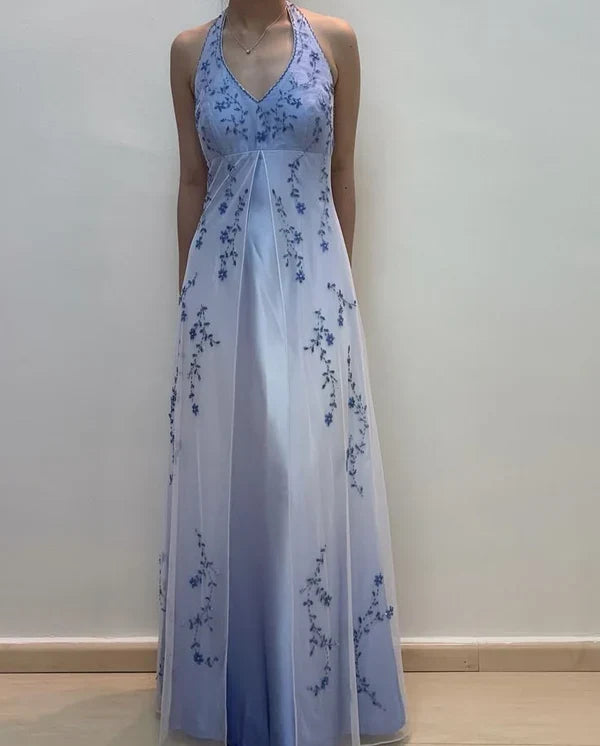 Vintage Ombre Halter Neck Floral Embroidery Chiffon Evening Gown TP5696