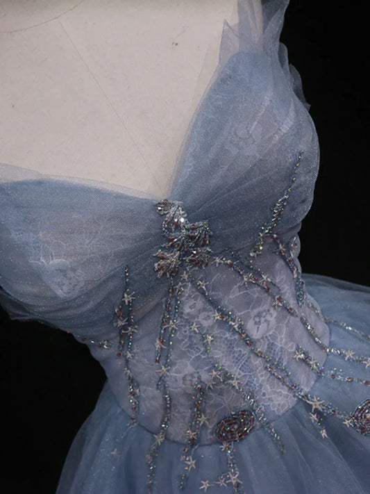 Blue Gorgeous Exquisite Beading A-line Tulle Long Prom Gown Evening Gown Formal Graduation Dress gh3465