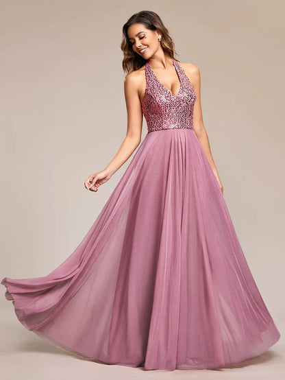 Sparkling Sequin Halter Neck A Line Tulle Evening Dress