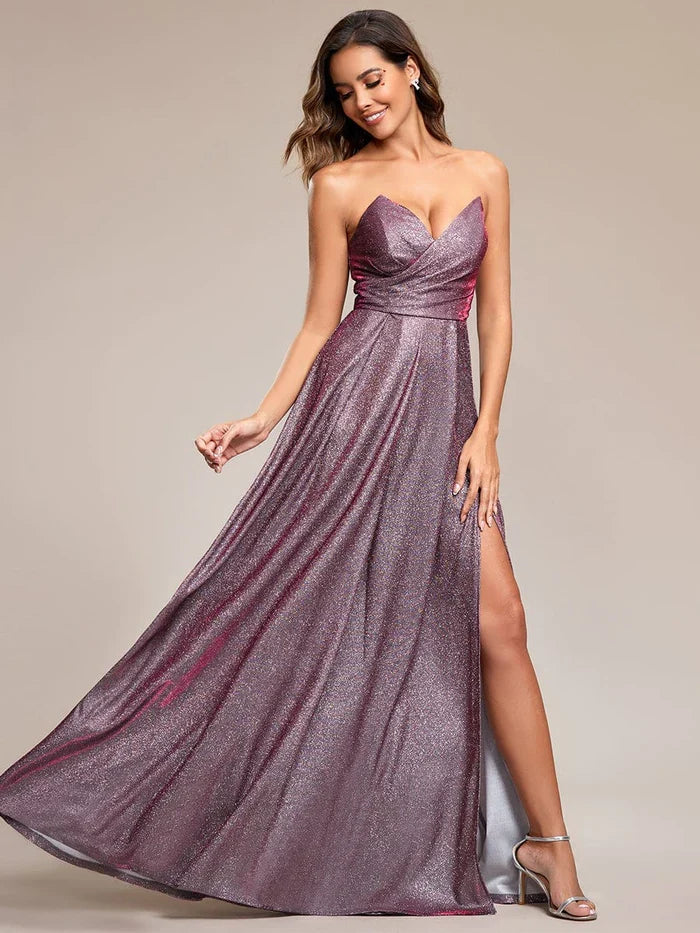 Glitter Strapless A-Line High Slit Evening Dress