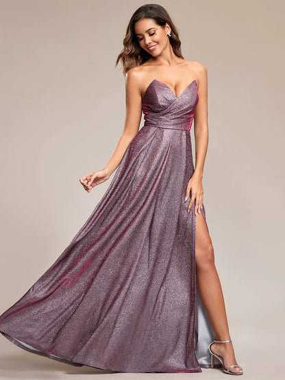 Glitter Strapless A-Line High Slit Evening Dress