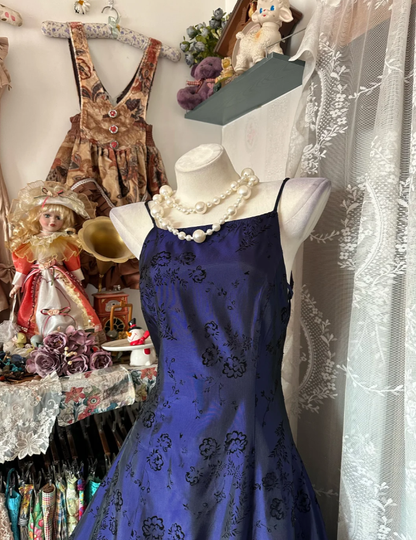 Unique Spaghetti Straps Purple Satin Print Floral Long Party Dress Birthday Dress SP1715