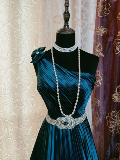 Vintage One Shoulder Peacock Blue Satin Pleated Beaded A Line Long Party Dress Prom Gowns SP1950