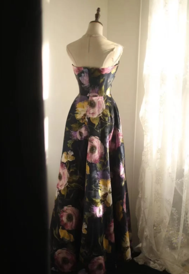 Pretty Strapless Satin Rose Print Floral Long Birthday Party Dress Evening Gown