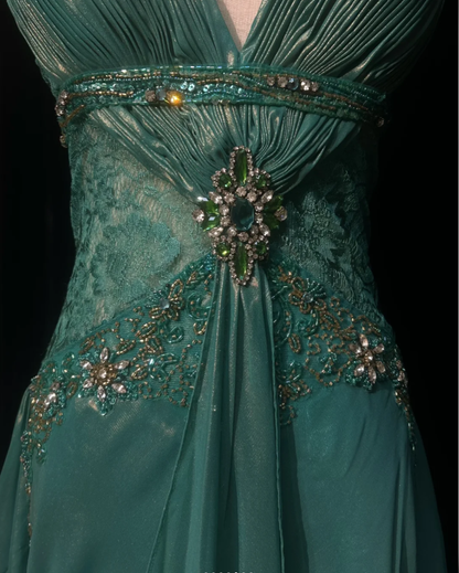 Vintage Spaghetti Straps Green Satin Lace Beaded Mermaid Long Party Dress Birthday Dress SP1817