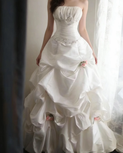 Elegant Strapless Ball Gown White Satin Pleated Floral Long Wedding Dress