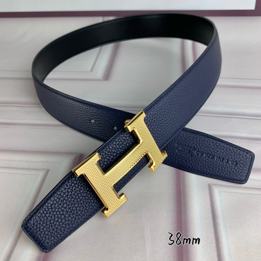 HERMES BELT TOGO SWIFT GOLD BUCKLE BLUE 38MM