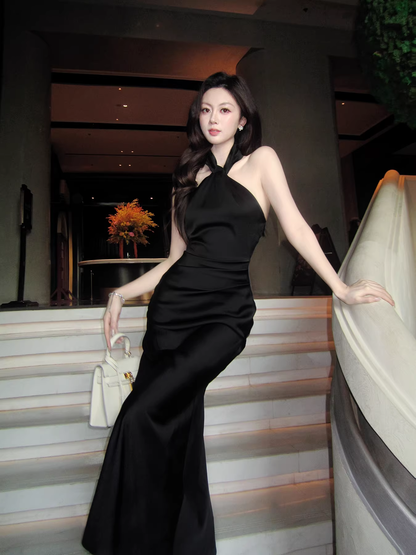 Sexy Black Halter Satin Mermaid Long Evening Dress Birthday Prom Dress SP1643